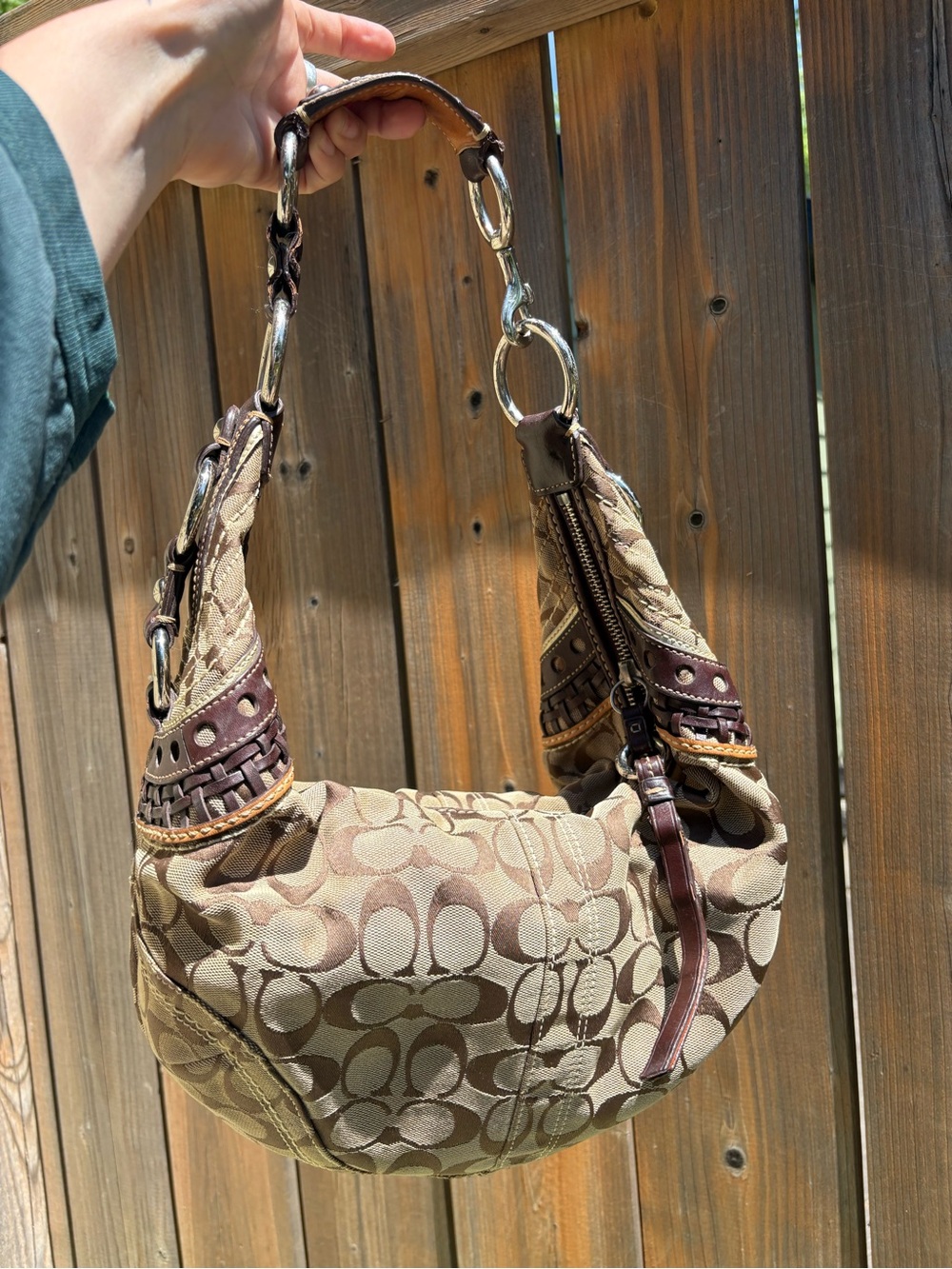 Vintage 2006 Coach Signature Y2K Hobo Bag #10611 Brown Monogram Leather Trim